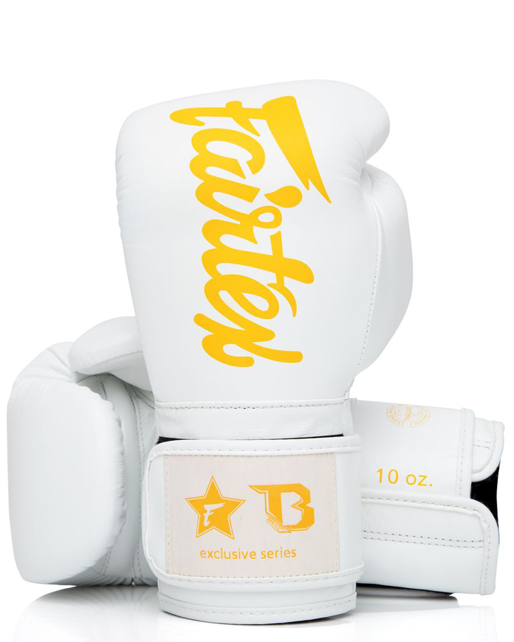 Fairtex X Booster leather boxing gloves in white/gold